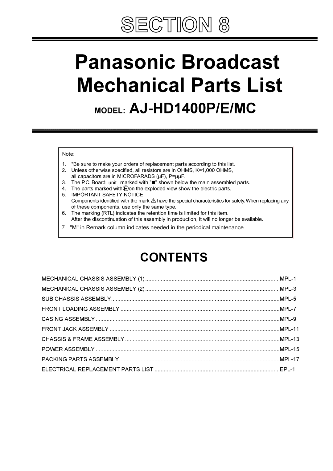 Panasonic AJ-HD1400MC manual Panasonic Broadcast Mechanical Parts List 