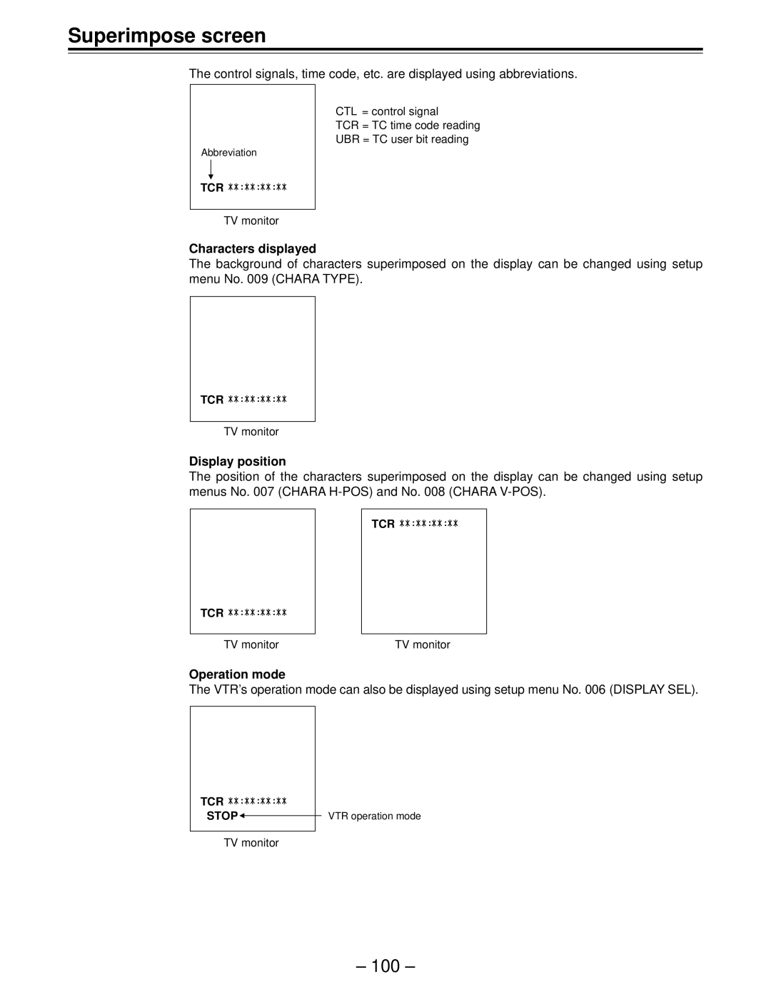 Panasonic AJ-HD150FE operating instructions Superimpose screen, Characters displayed, Display position, Operation mode 