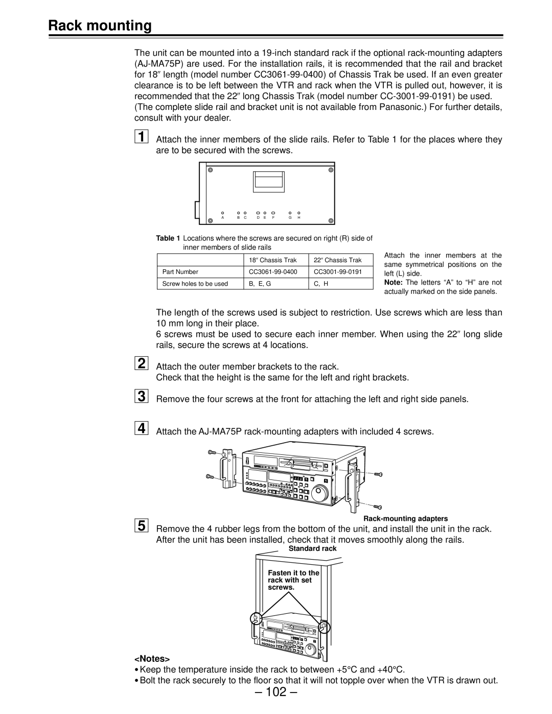 Panasonic AJ-HD150FE operating instructions Rack mounting, Rack-mounting adapters 