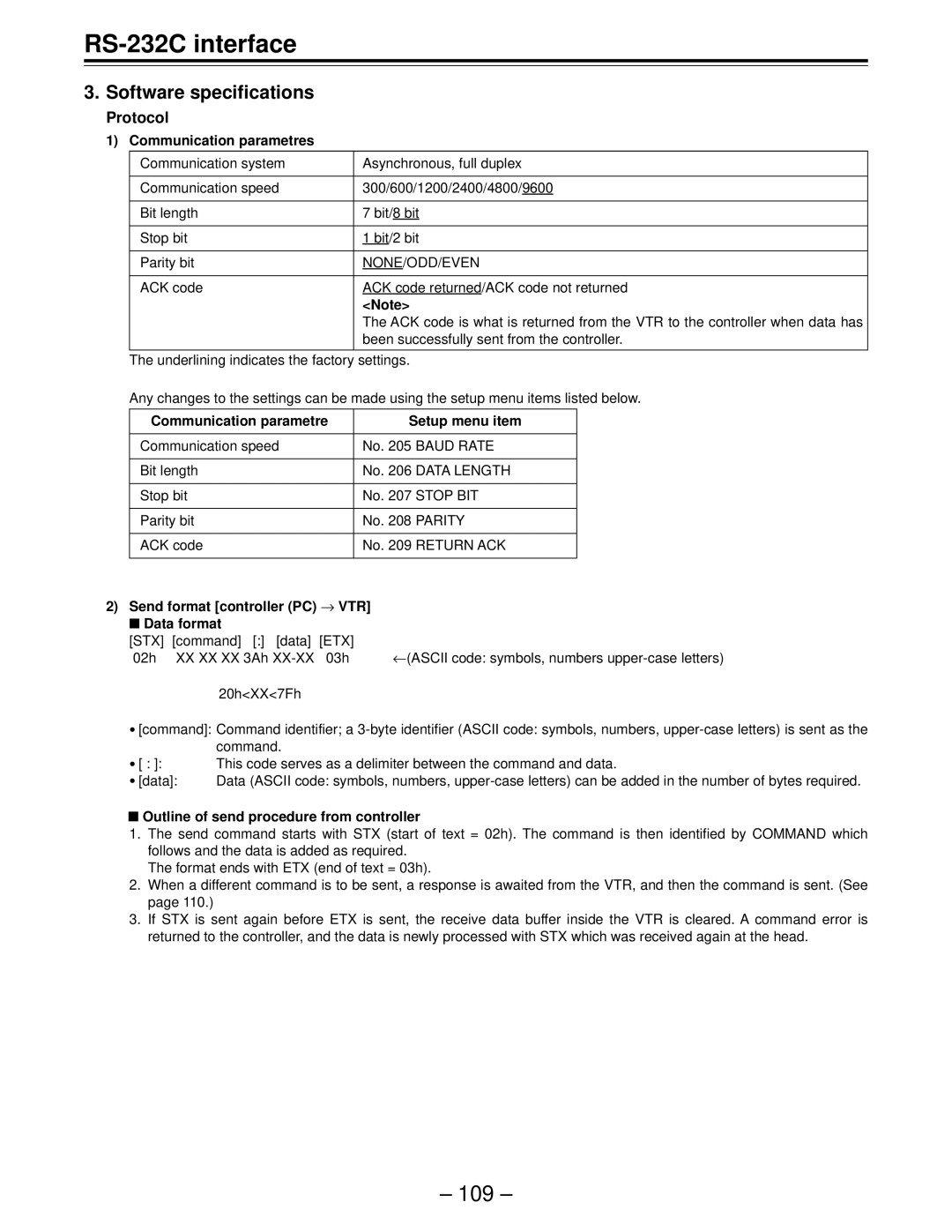 Panasonic AJ-HD150FE operating instructions Software specifications, Protocol, Communication parametres, Data format 