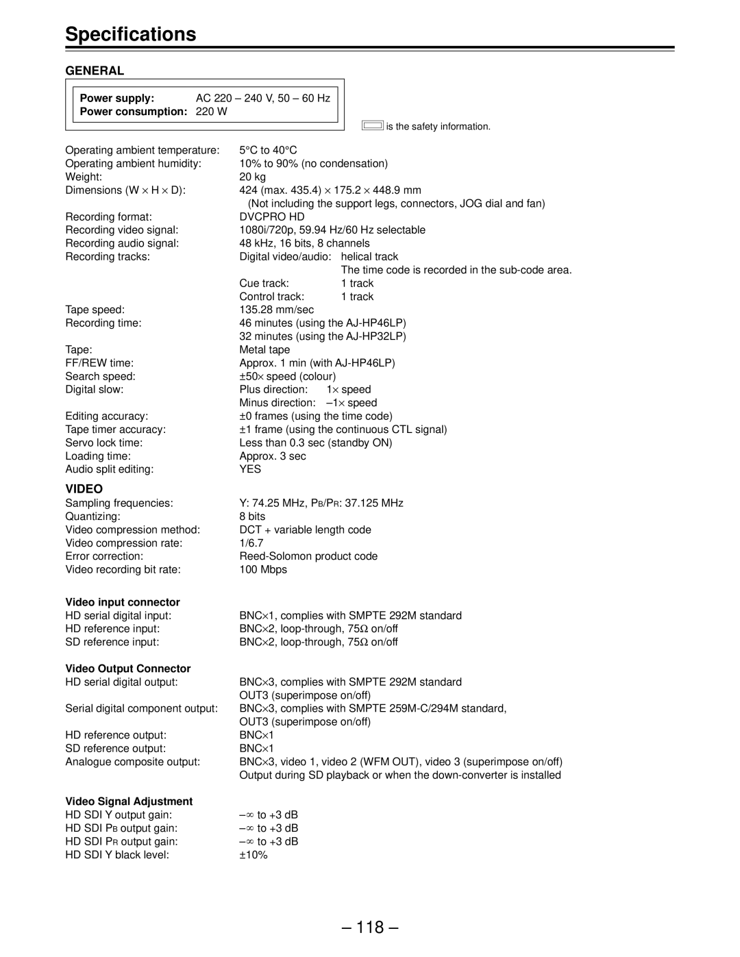 Panasonic AJ-HD150FE operating instructions Specifications, Yes, Video input connector, Video Output Connector 