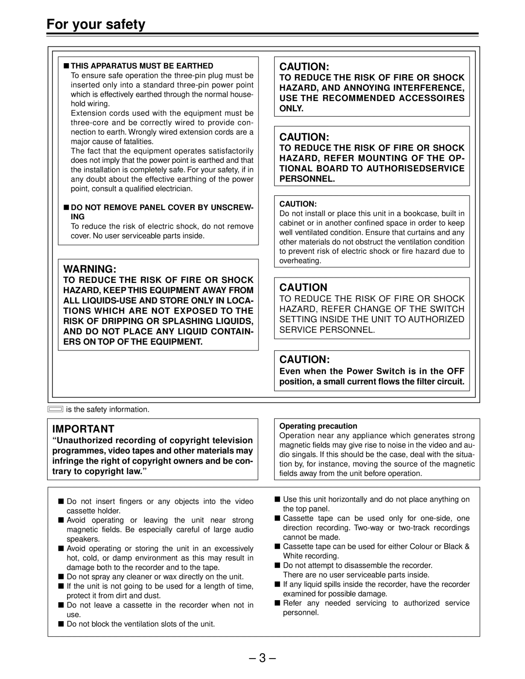 Panasonic AJ-HD150FE operating instructions Operating precaution 