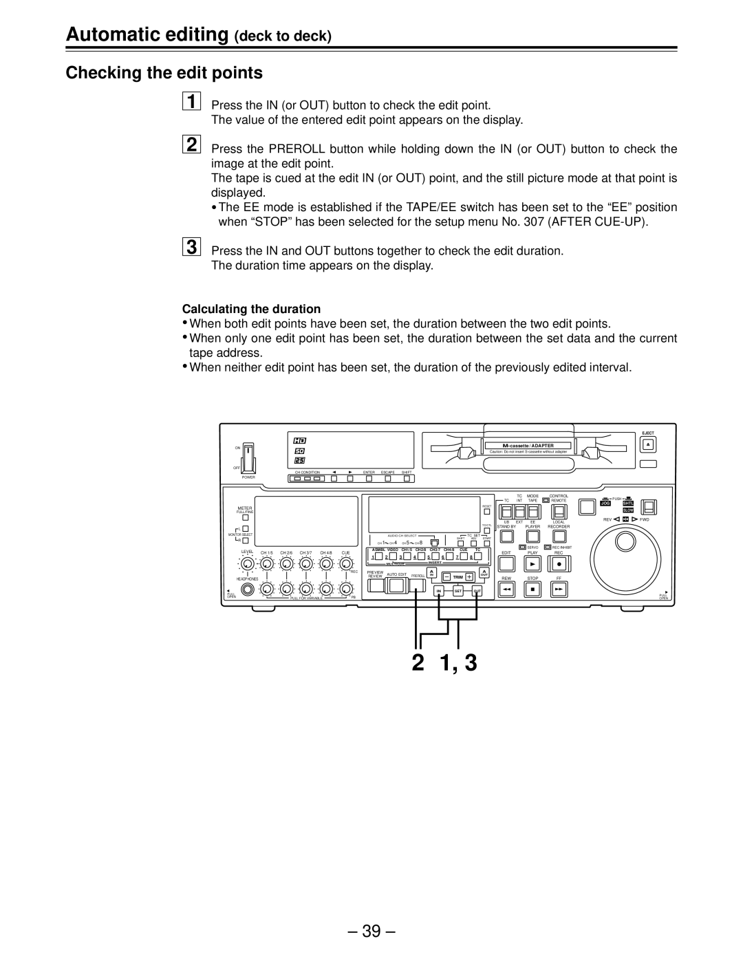 Panasonic AJ-HD150FE operating instructions Checking the edit points, Calculating the duration 