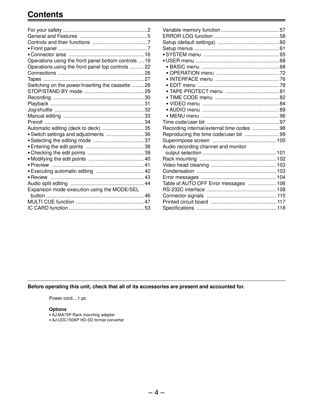 Panasonic AJ-HD150FE operating instructions Contents 