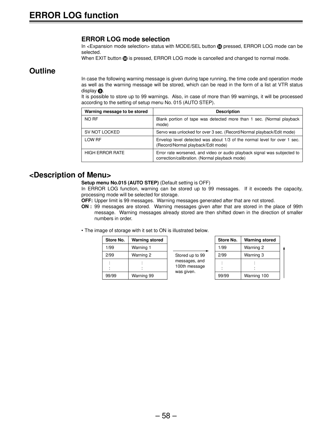 Panasonic AJ-HD150FE Error LOG function, Description of Menu, Error LOG mode selection, Setup menu No.015 Auto Step 