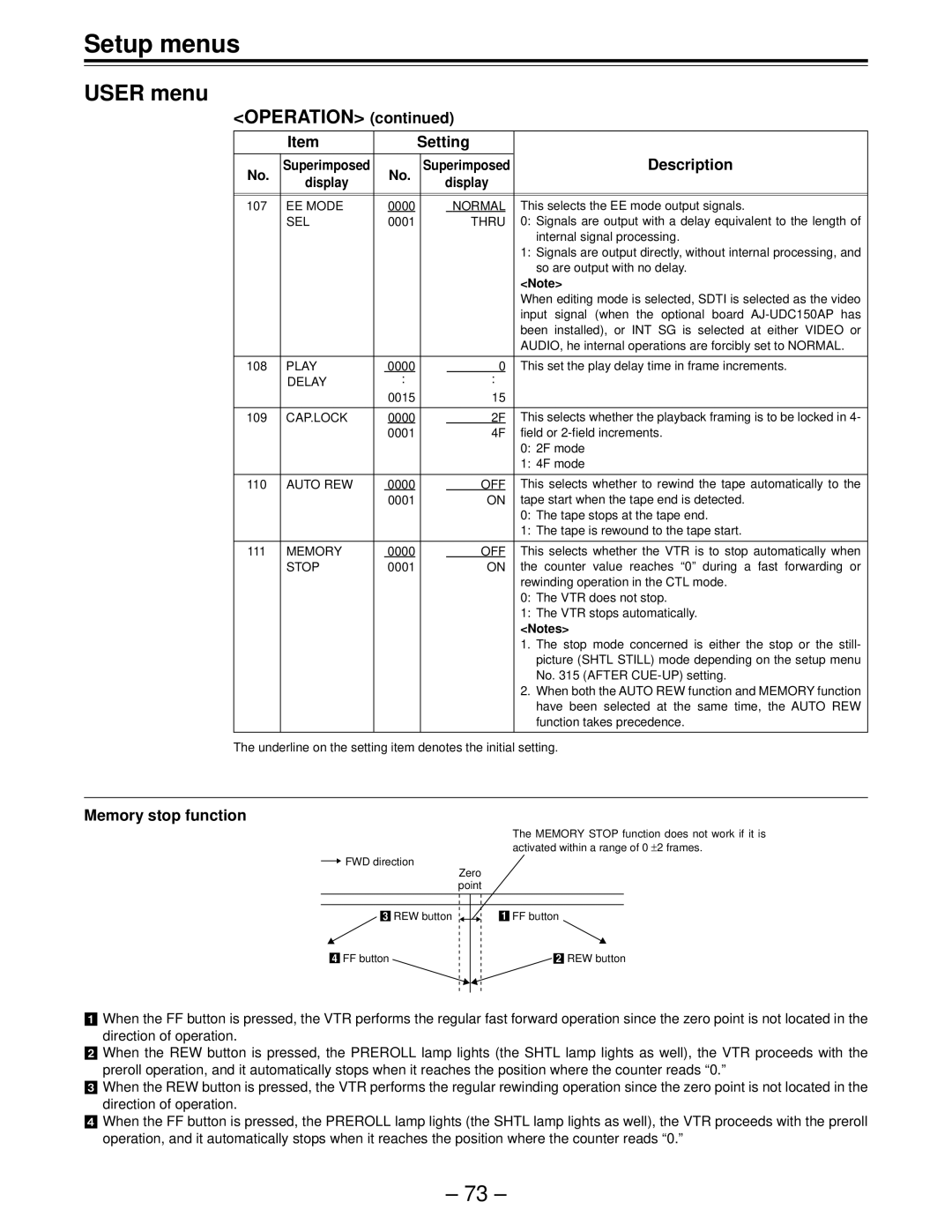 Panasonic AJ-HD150FE operating instructions Memory stop function 