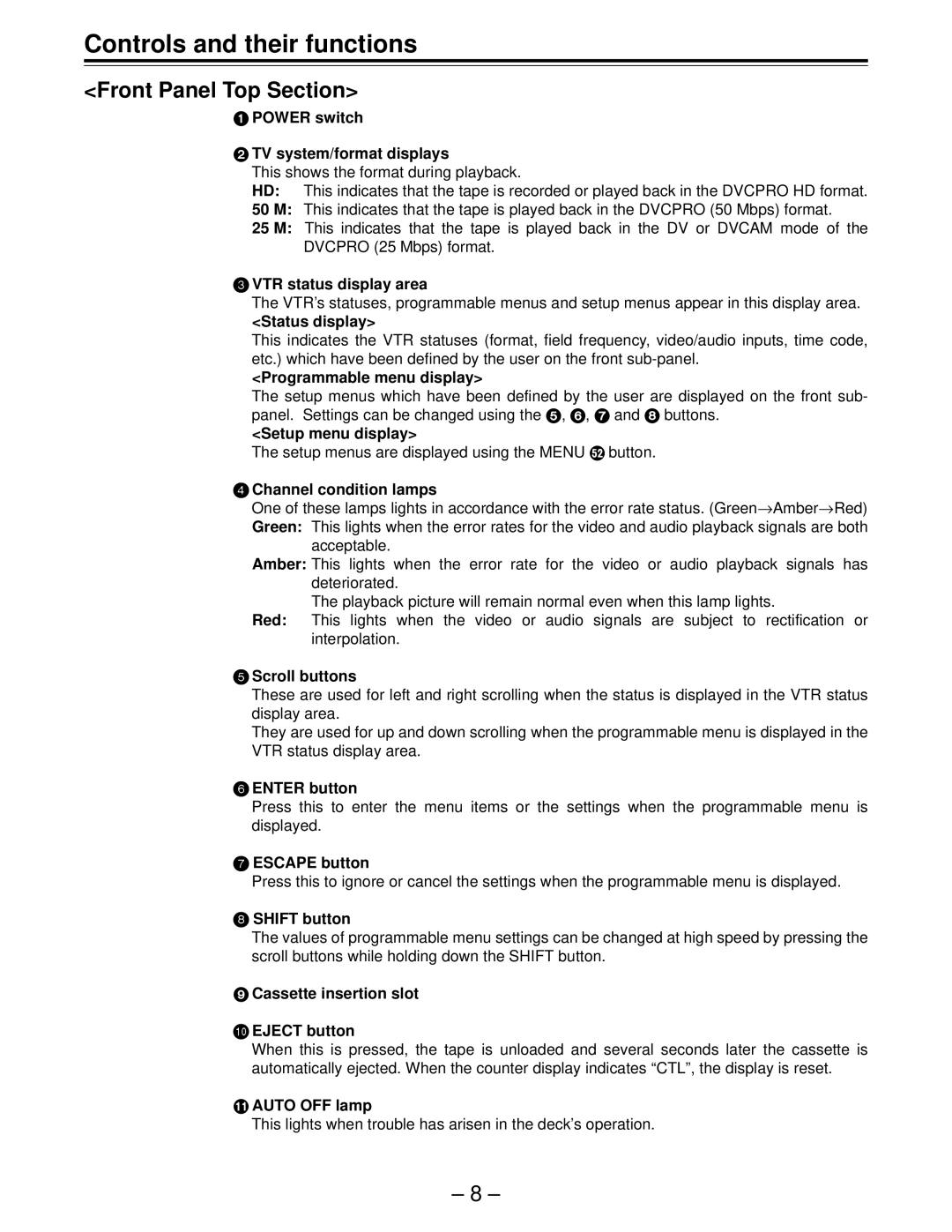 Panasonic AJ-HD150FE operating instructions Front Panel Top Section 