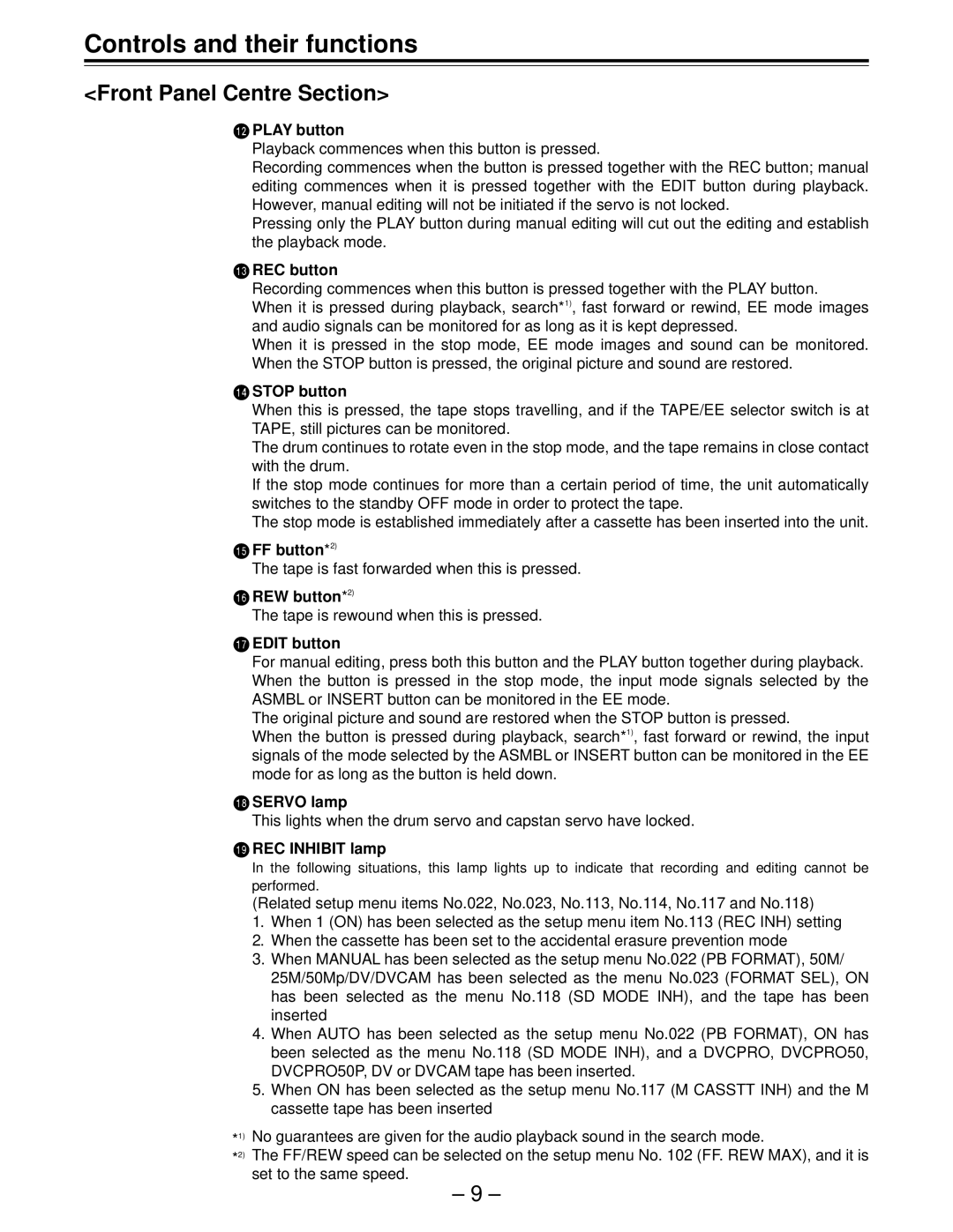 Panasonic AJ-HD150FE operating instructions Front Panel Centre Section 