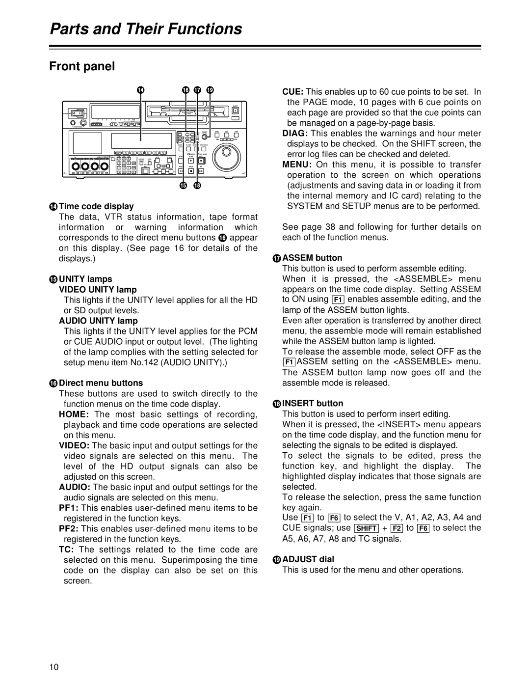 Panasonic AJ-HD1700 Time code display, Audio Unity lamp, @ Direct menu buttons, Assem button, Insert button, Adjust dial 