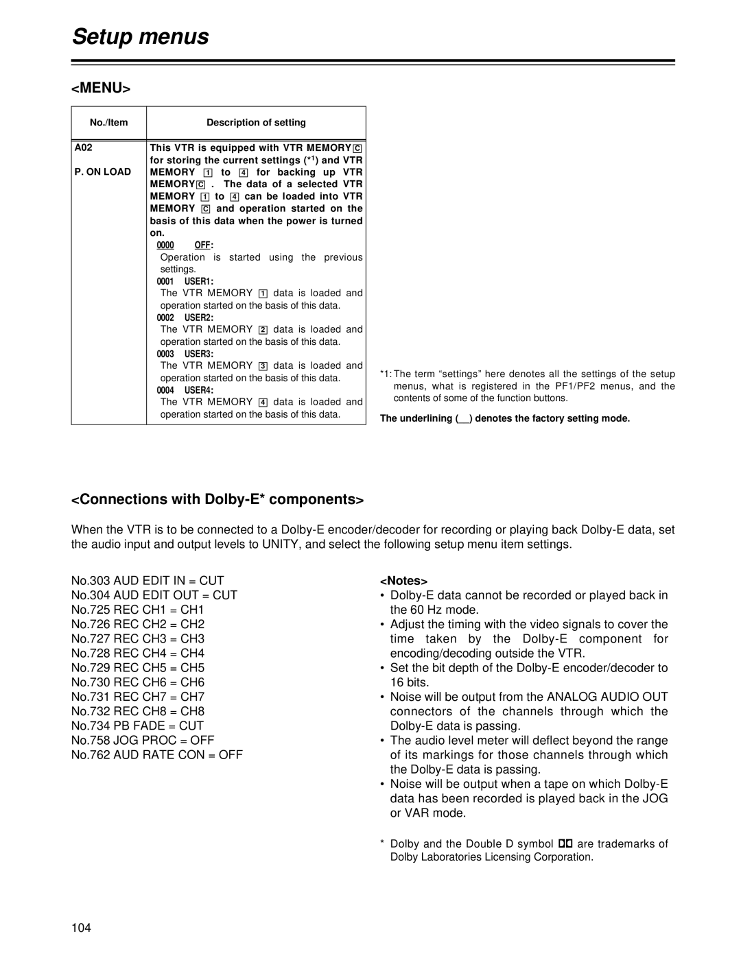 Panasonic AJ-HD1700 manual Menu, Connections with Dolby-E* components 