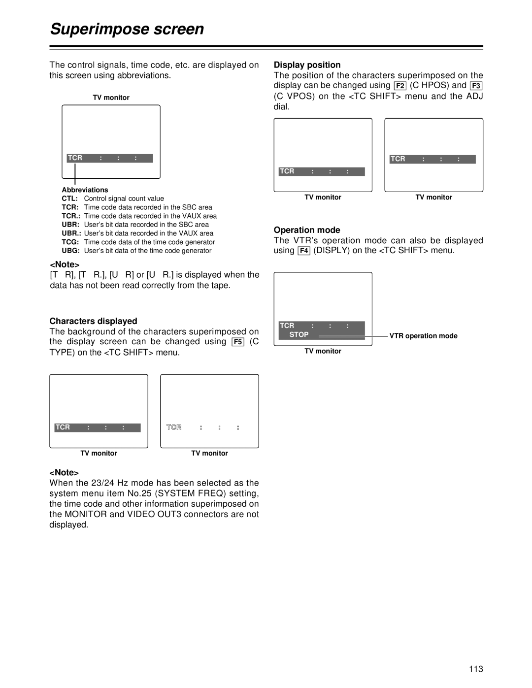 Panasonic AJ-HD1700 manual Superimpose screen, Characters displayed, Display position, Operation mode 