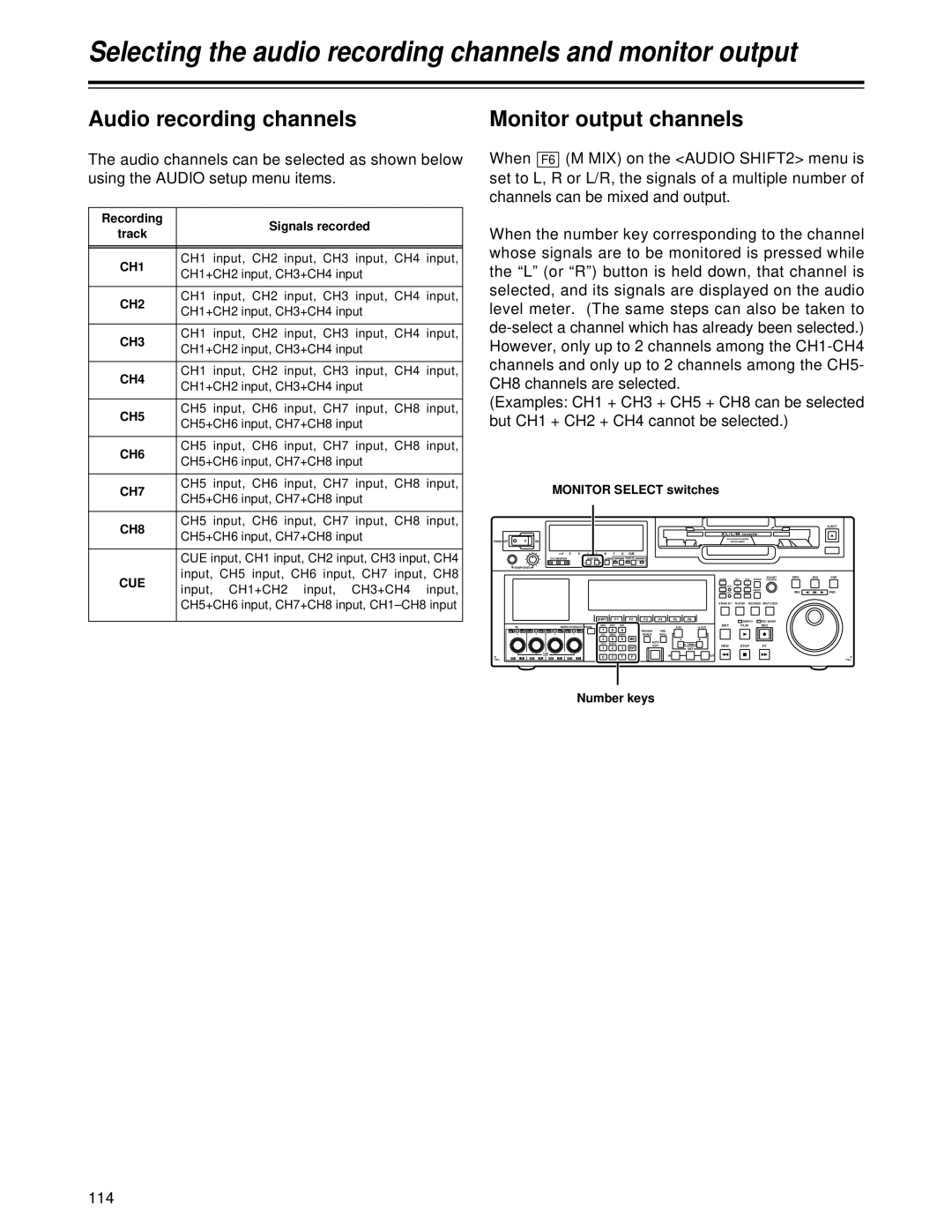 Panasonic AJ-HD1700 manual Selecting the audio recording channels and monitor output, Audio recording channels, 114 