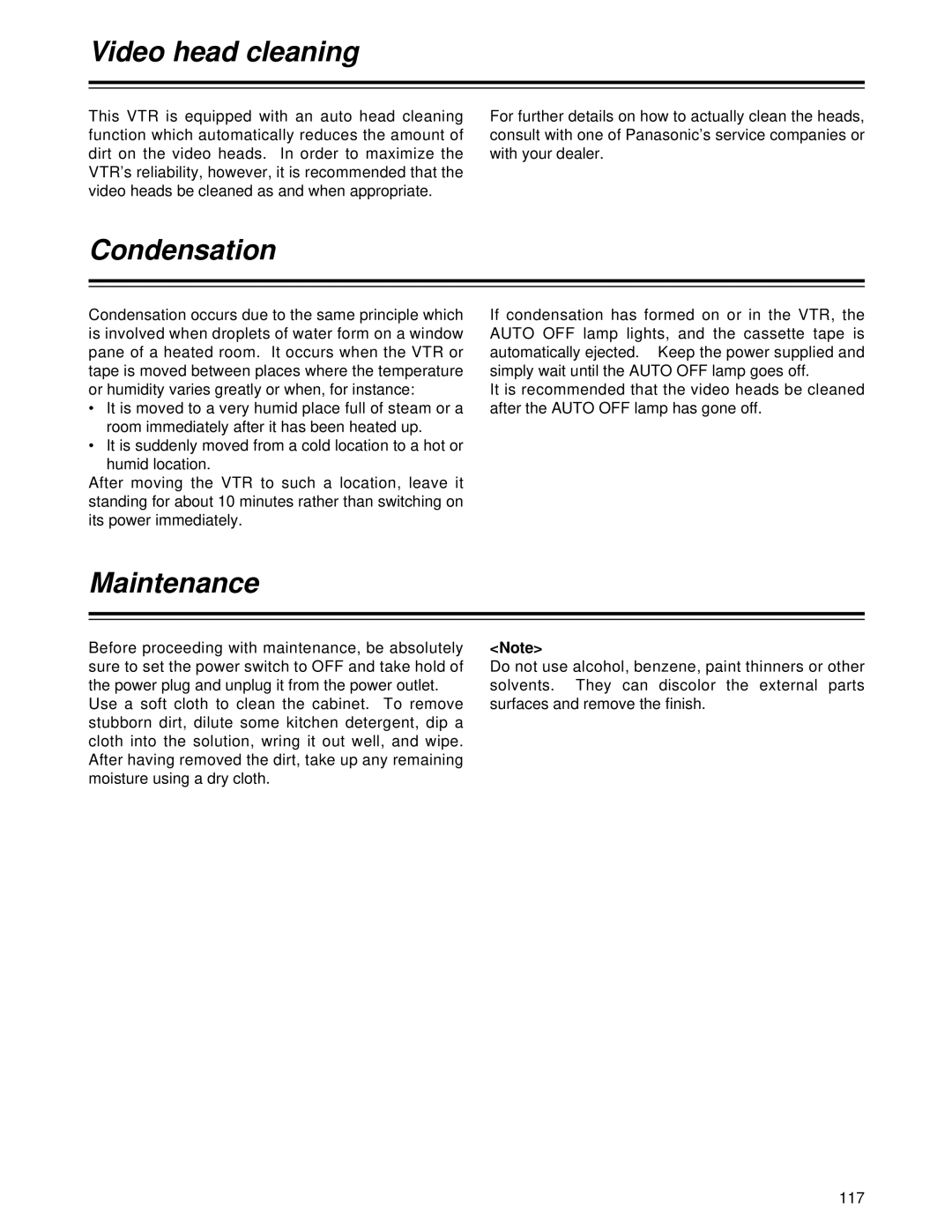 Panasonic AJ-HD1700 manual Video head cleaning, Condensation, Maintenance 