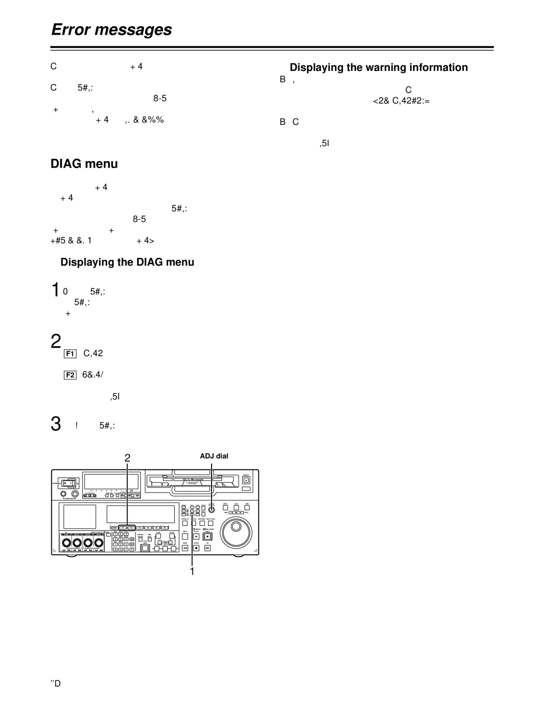 Panasonic AJ-HD1700 manual Error messages, Displaying the Diag menu Displaying the warning information 