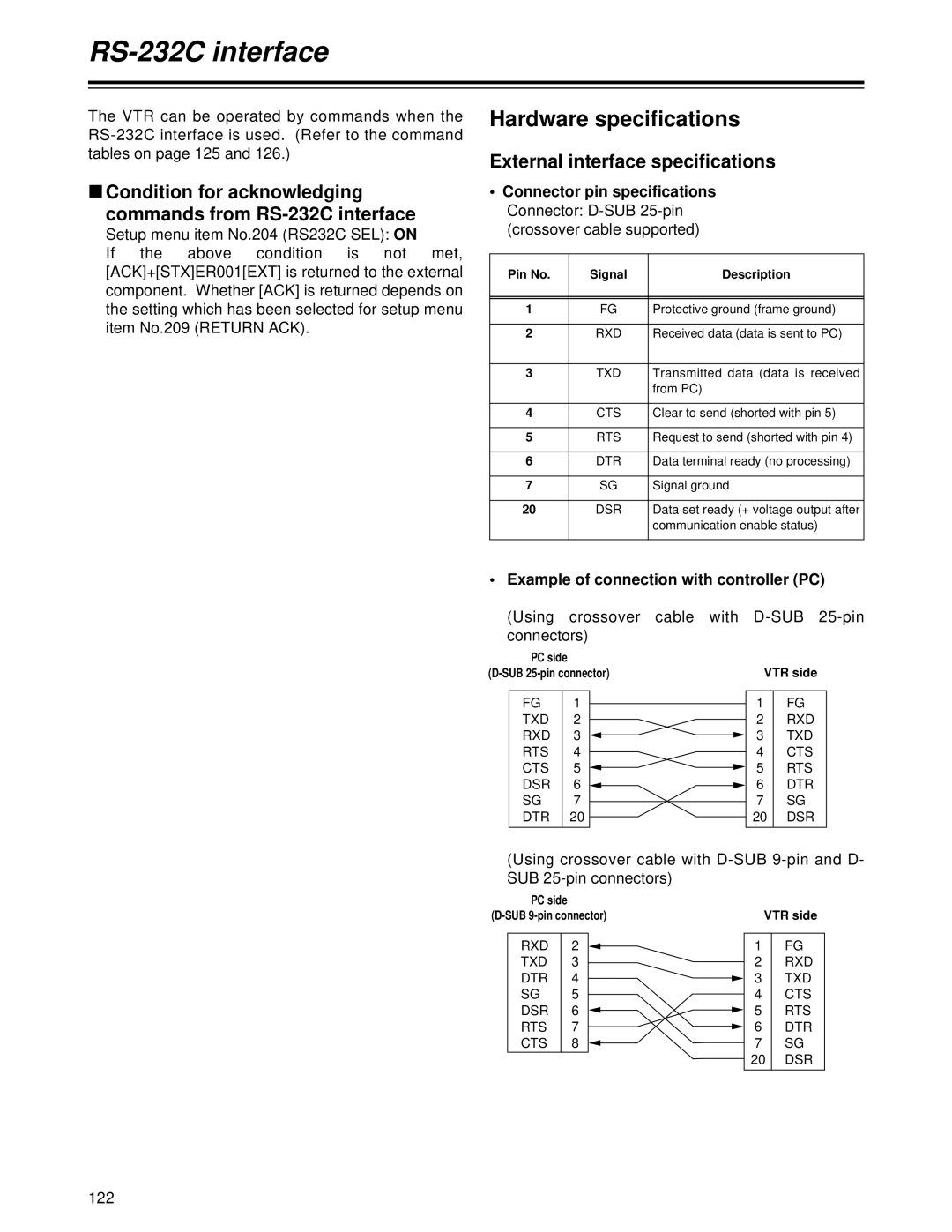 Panasonic AJ-HD1700 manual RS-232C interface, Hardware specifications, External interface specifications 