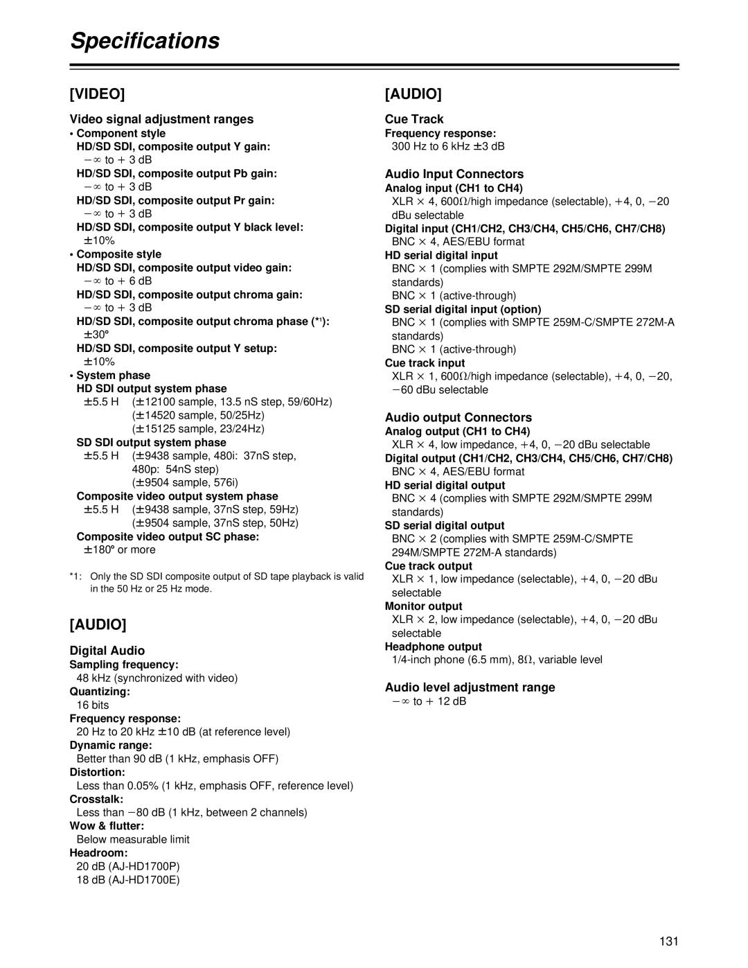 Panasonic AJ-HD1700 Video Audio, Video signal adjustment ranges Cue Track, Audio Input Connectors, Digital Audio, 131 