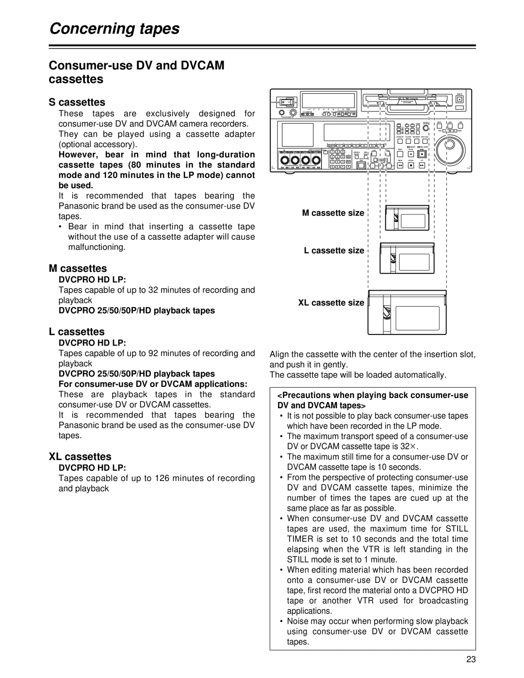 Panasonic AJ-HD1700 manual Concerning tapes, Cassettes, XL cassettes, Dvcpro HD LP 