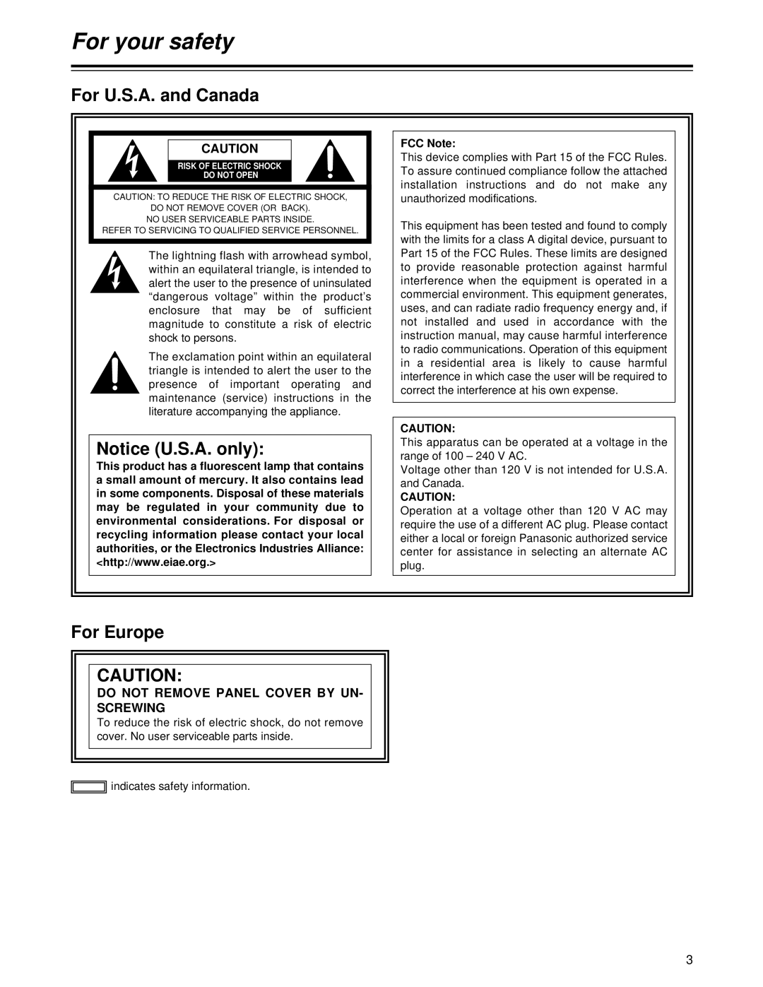 Panasonic AJ-HD1700 manual For U.S.A. and Canada, For Europe, Do not Remove Panel Cover by UN Screwing, FCC Note 