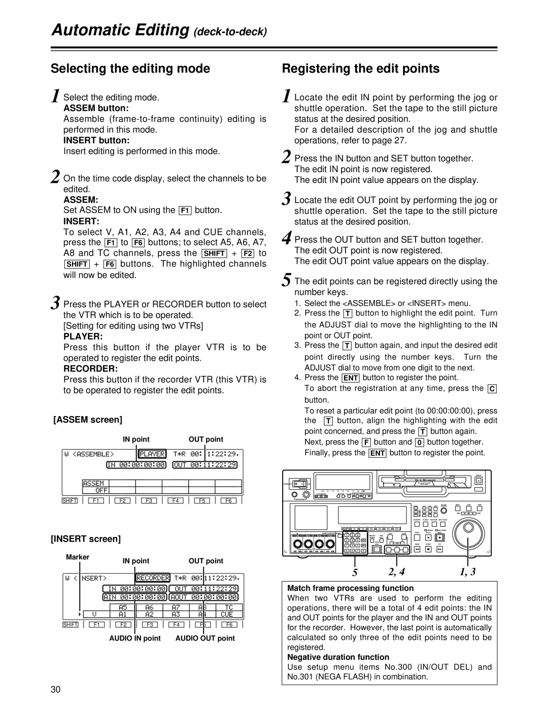 Panasonic AJ-HD1700 manual Selecting the editing mode, Registering the edit points, Player, Recorder 