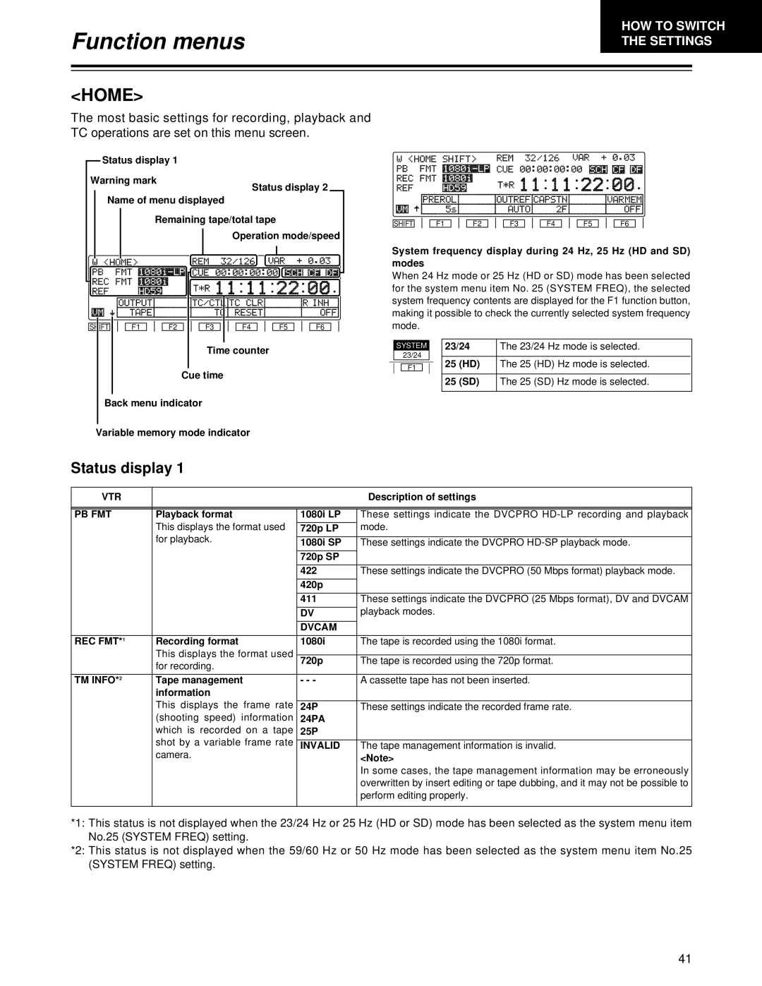 Panasonic AJ-HD1700 manual Home, Status display, Pb Fmt, Dvcam, Invalid 