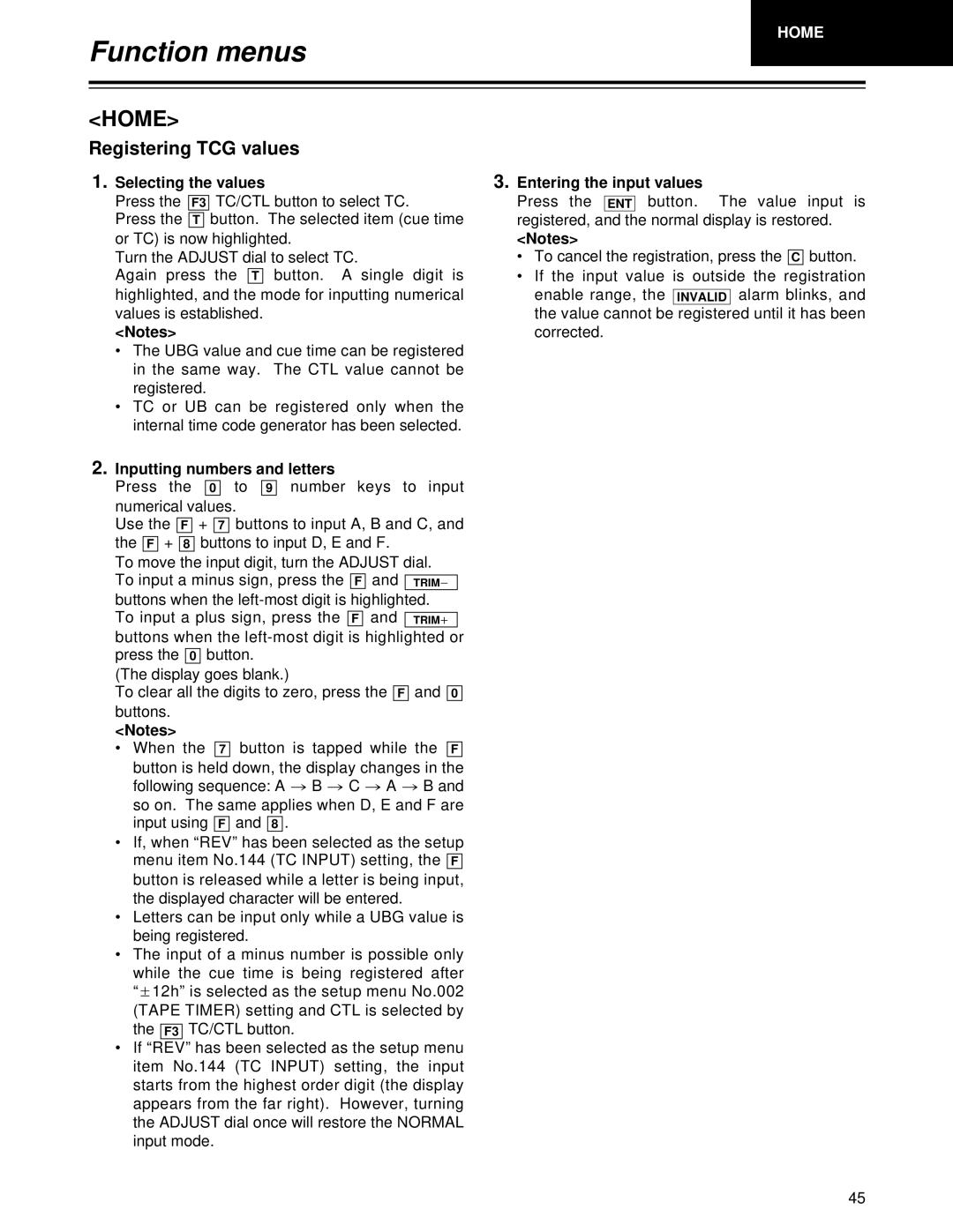 Panasonic AJ-HD1700 Registering TCG values, Selecting the values, Inputting numbers and letters, Entering the input values 