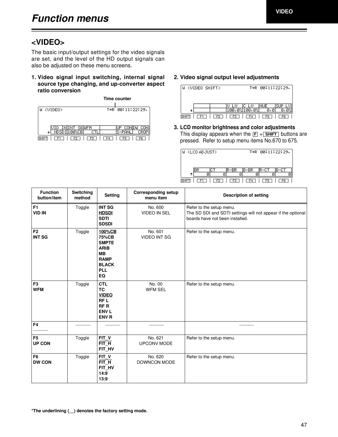 Panasonic AJ-HD1700 manual Video signal output level adjustments, Pressed. Refer to setup menu items No.670 to 