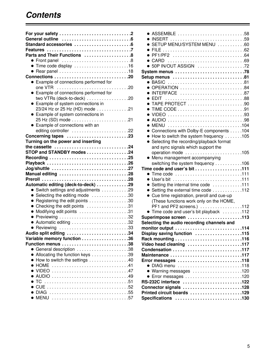 Panasonic AJ-HD1700 manual Contents 