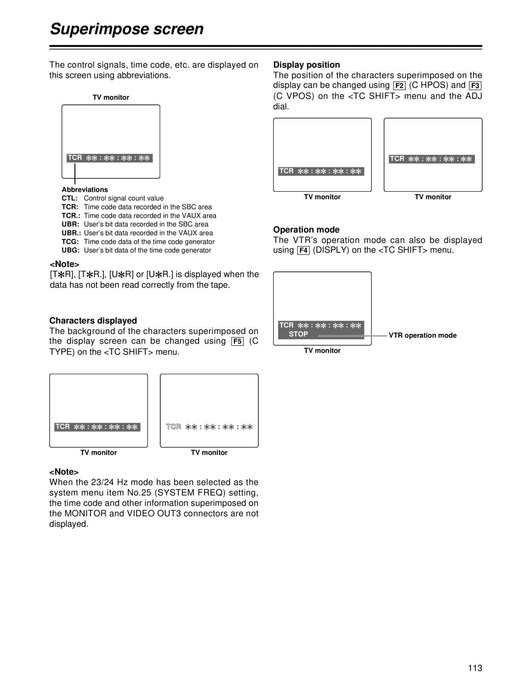 Panasonic AJ-HD1700PE operating instructions Superimpose screen, Characters displayed, Display position, Operation mode 