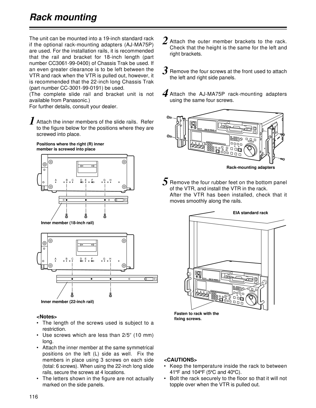 Panasonic AJ-HD1700PE operating instructions Rack mounting, Unit can be mounted into a 19-inch standard rack, 116 