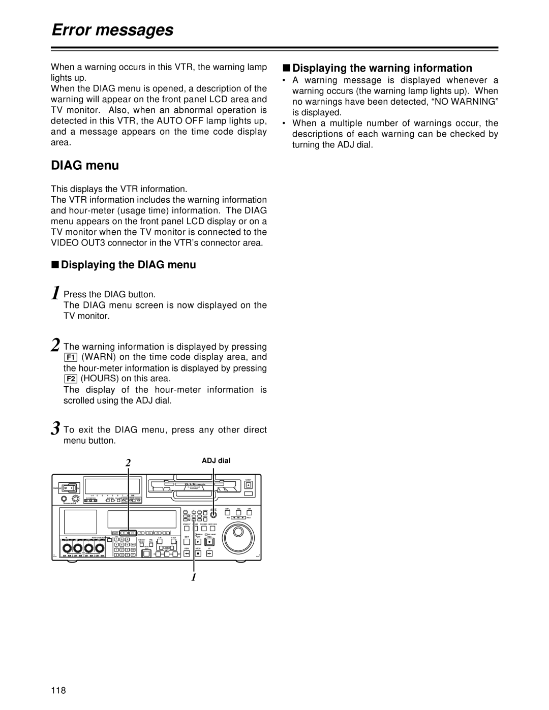 Panasonic AJ-HD1700PE Error messages, Displaying the Diag menu Displaying the warning information 