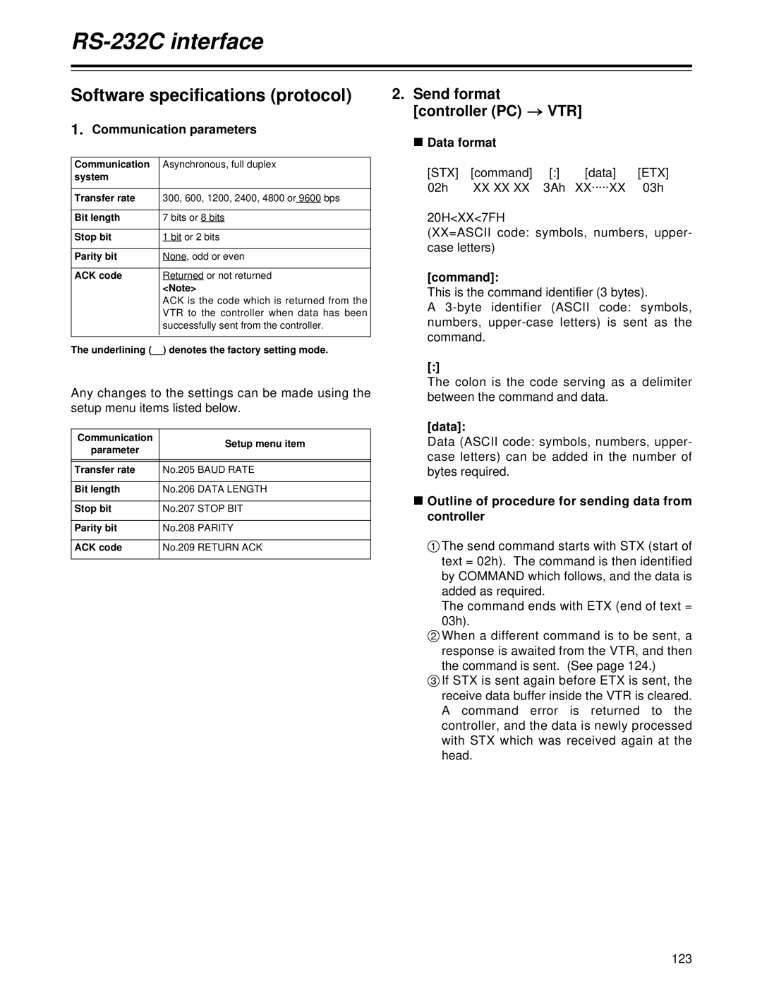 Panasonic AJ-HD1700PE operating instructions Software specifications protocol, Send format, Controller PC 