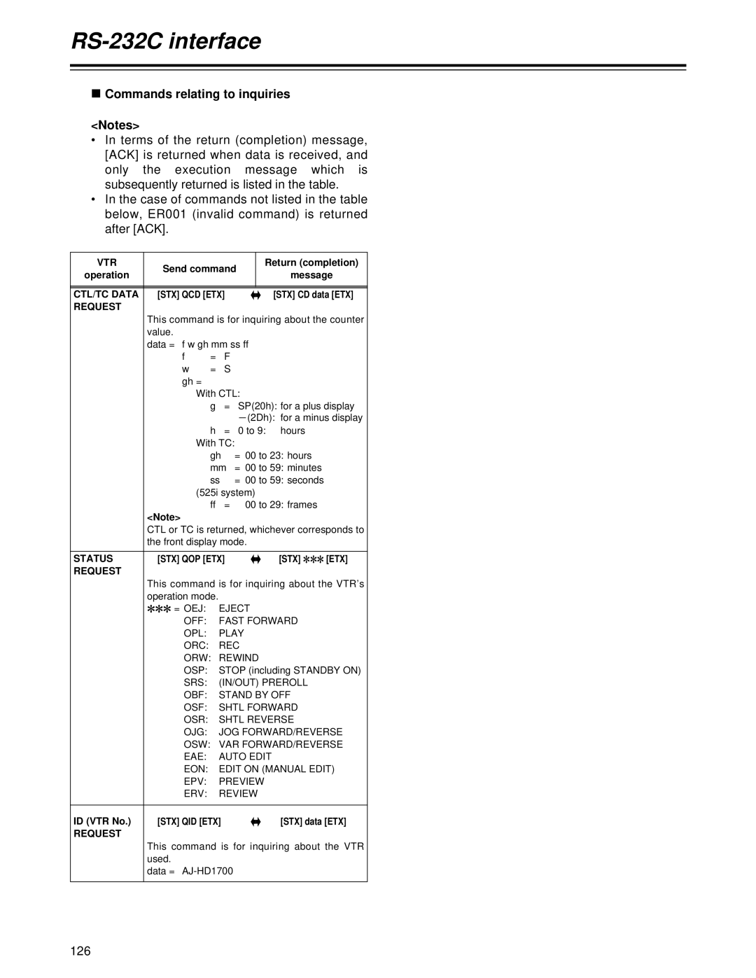 Panasonic AJ-HD1700PE operating instructions Commands relating to inquiries, 126, CTL/TC Data, Request, Status 