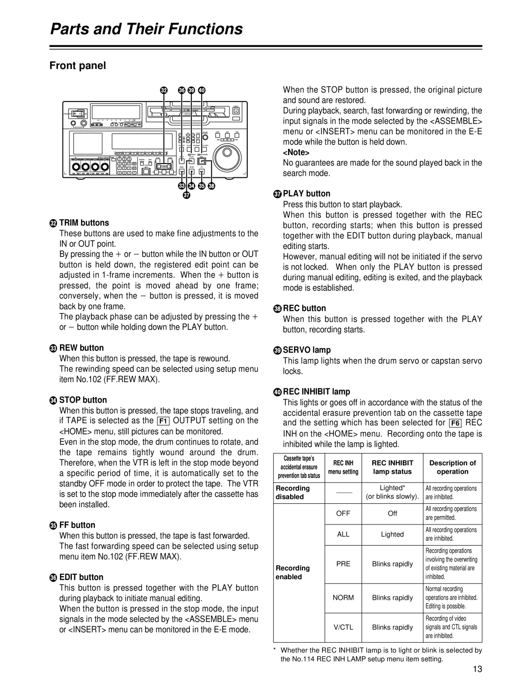 Panasonic AJ-HD1700PE operating instructions Front panel 