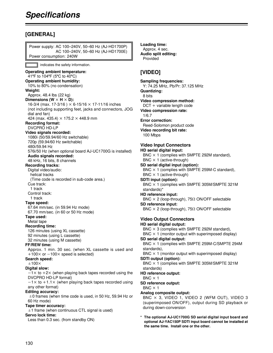 Panasonic AJ-HD1700PE operating instructions Specifications, General, Video Input Connectors, Video Output Connectors, 130 