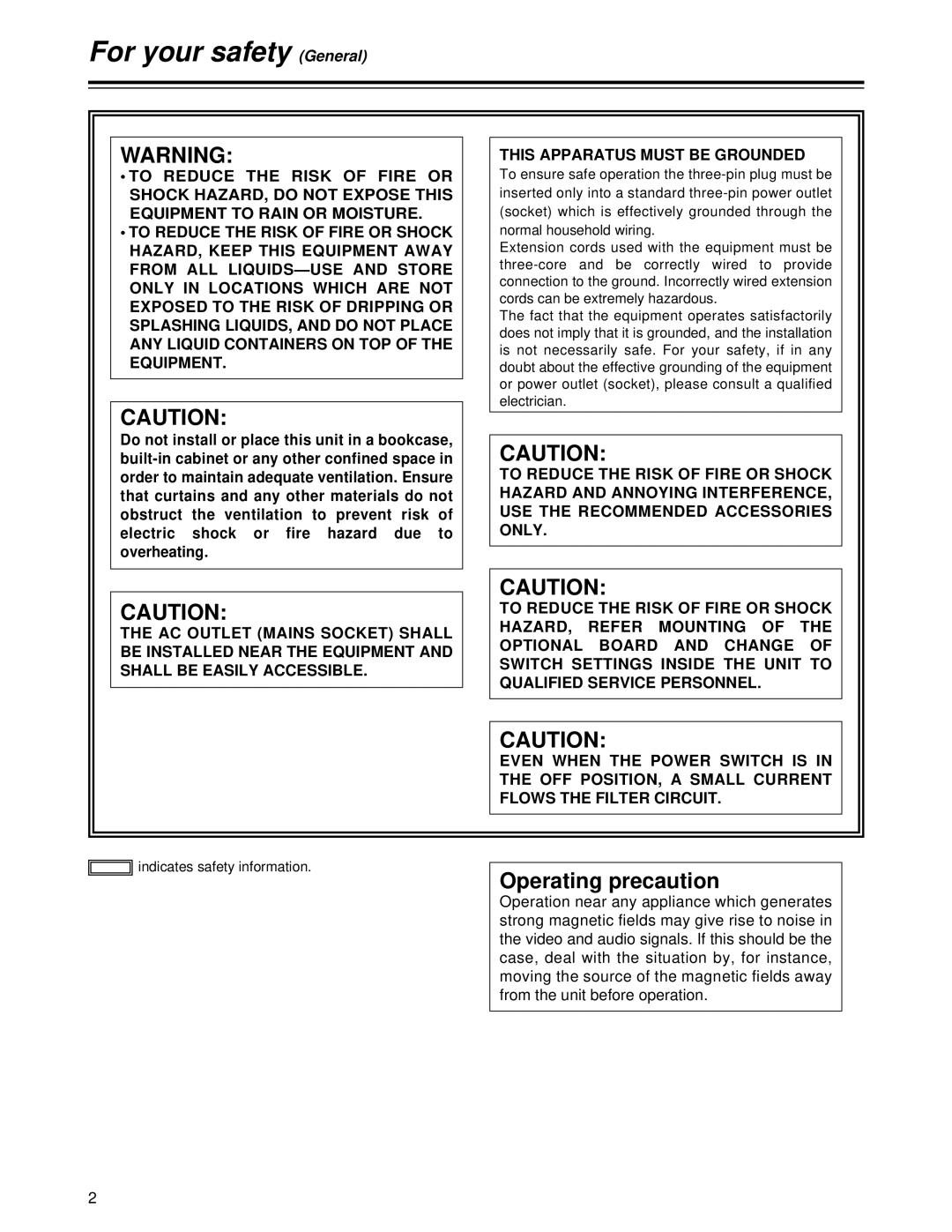 Panasonic AJ-HD1700PE operating instructions For your safety, Operating precaution, Indicates safety information 