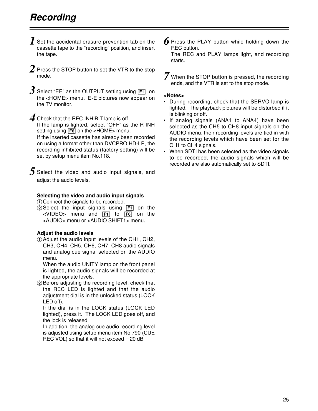 Panasonic AJ-HD1700PE operating instructions Recording, Adjust the audio levels 