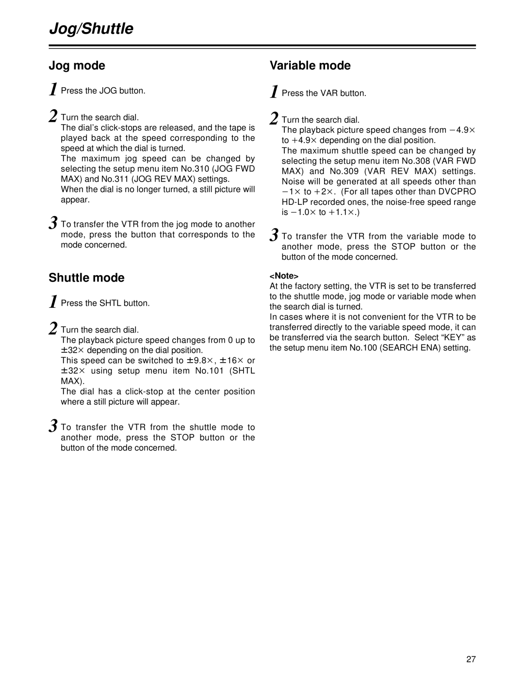 Panasonic AJ-HD1700PE operating instructions Jog/Shuttle, Jog mode, Shuttle mode, Variable mode 