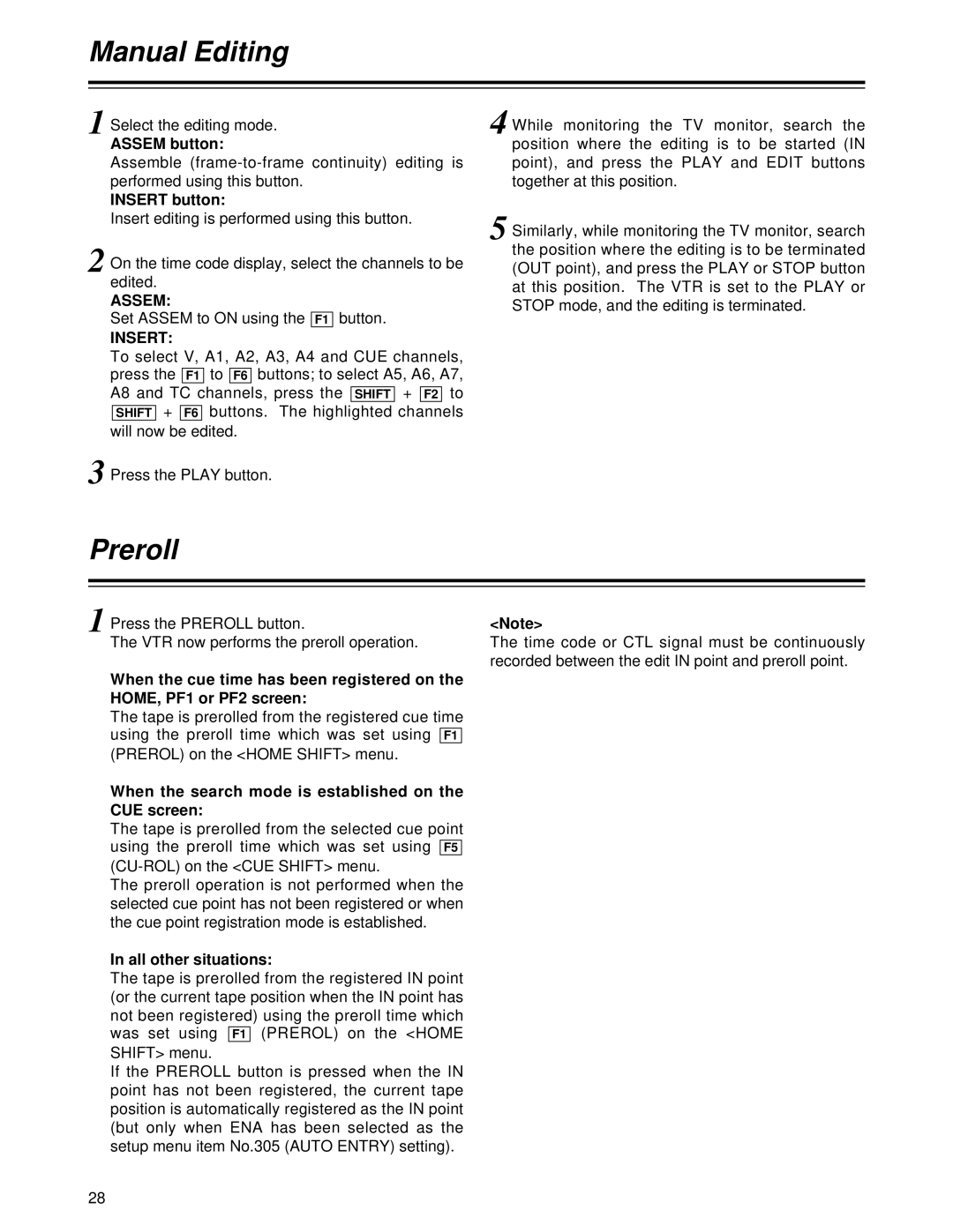 Panasonic AJ-HD1700PE Manual Editing, Preroll, Assem, Insert, When the search mode is established on the CUE screen 