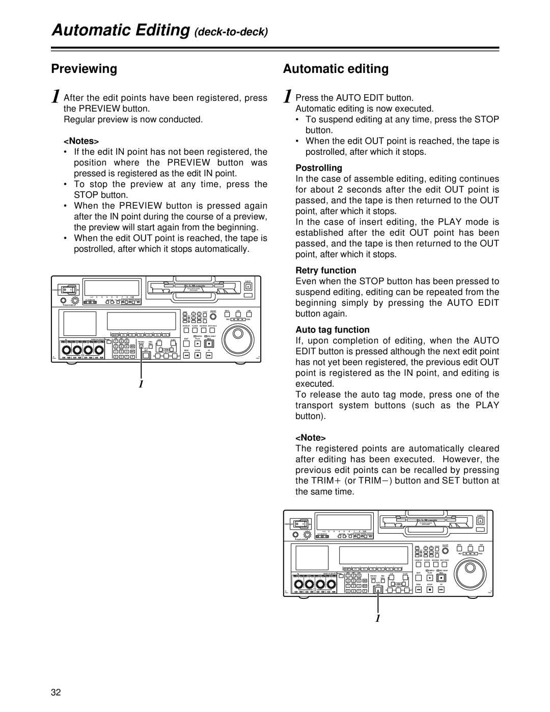 Panasonic AJ-HD1700PE operating instructions Previewing Automatic editing, Postrolling, Retry function, Auto tag function 