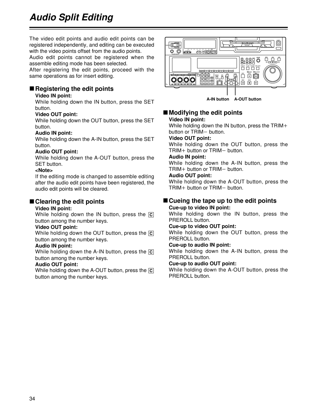 Panasonic AJ-HD1700PE operating instructions Audio Split Editing, Registering the edit points, Clearing the edit points 