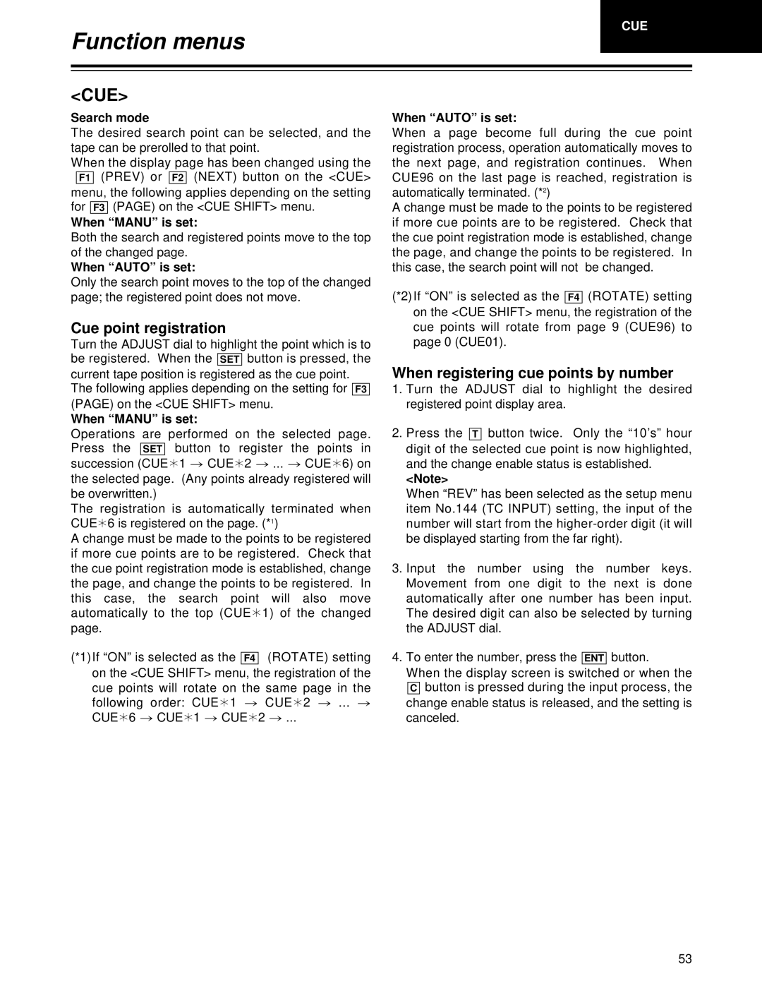 Panasonic AJ-HD1700PE operating instructions Cue point registration, When registering cue points by number 