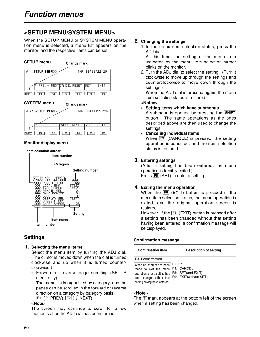 Panasonic AJ-HD1700PE operating instructions Setup MENU/SYSTEM Menu, Settings 