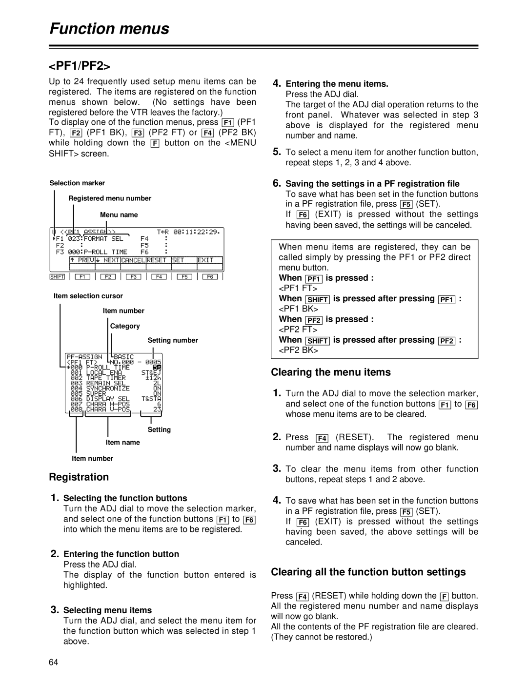 Panasonic AJ-HD1700PE PF1/PF2, Registration, Clearing the menu items, Clearing all the function button settings 