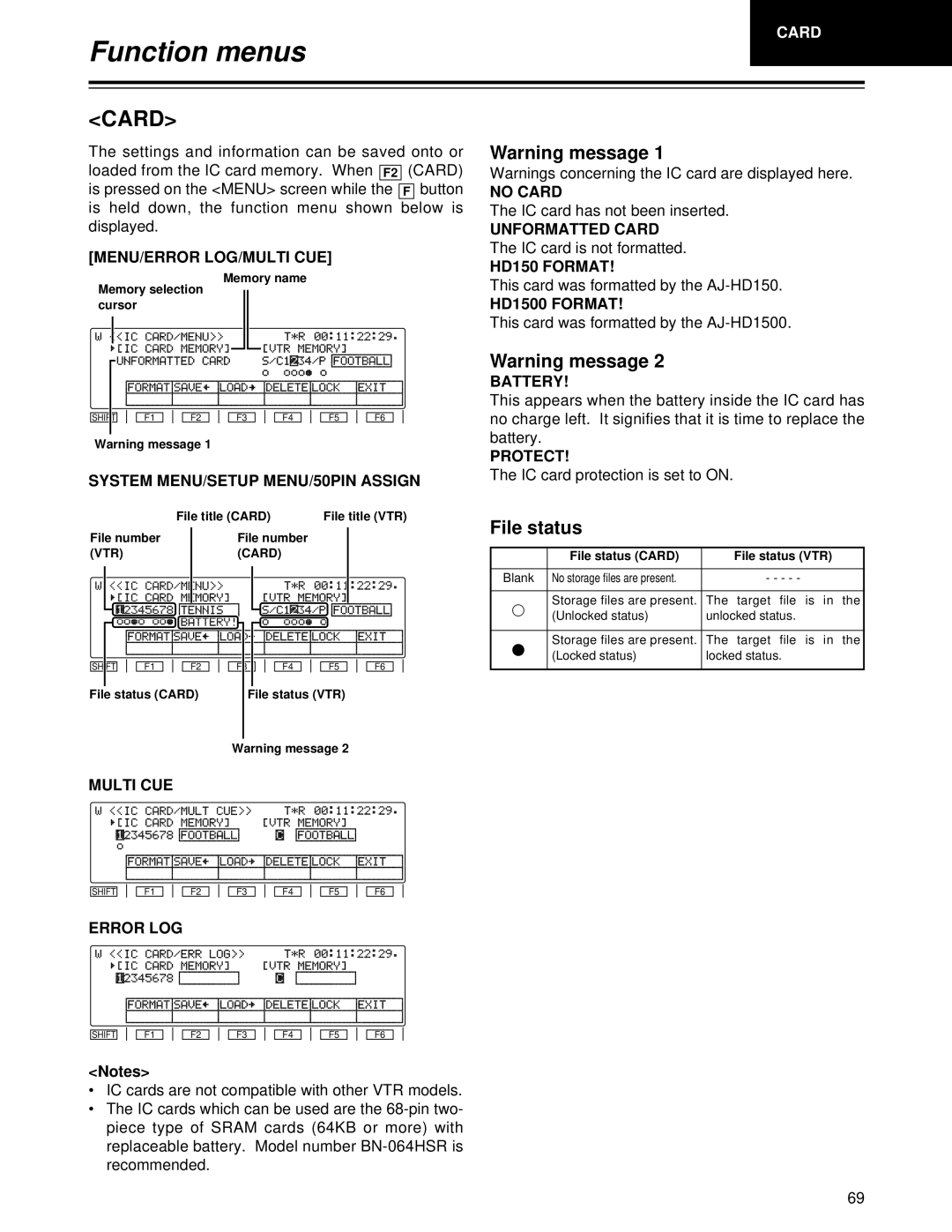 Panasonic AJ-HD1700PE operating instructions Card, File status 