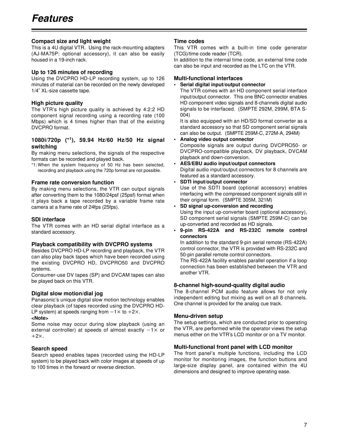 Panasonic AJ-HD1700PE operating instructions Features 