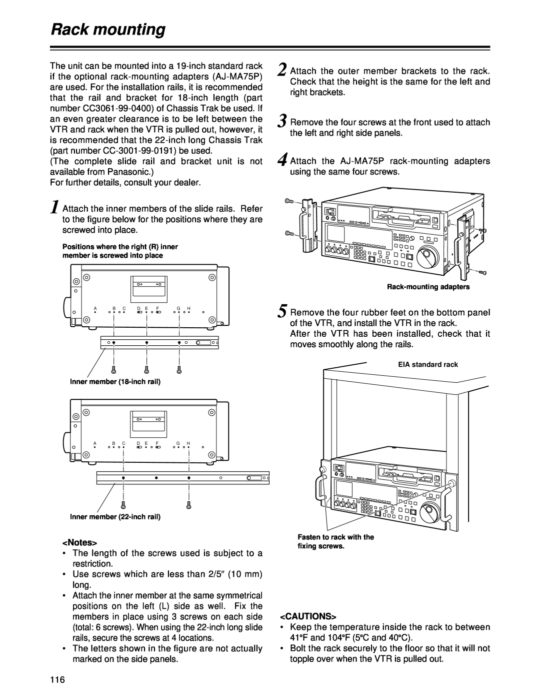Panasonic AJ-HD1700PE operating instructions Rack mounting, Cautions 