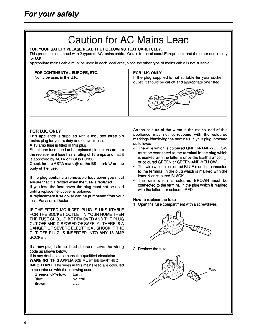 Panasonic AJ-HD1700PE Caution for AC Mains Lead, For your safety, For Your Safety Please Read The Following Text Carefully 