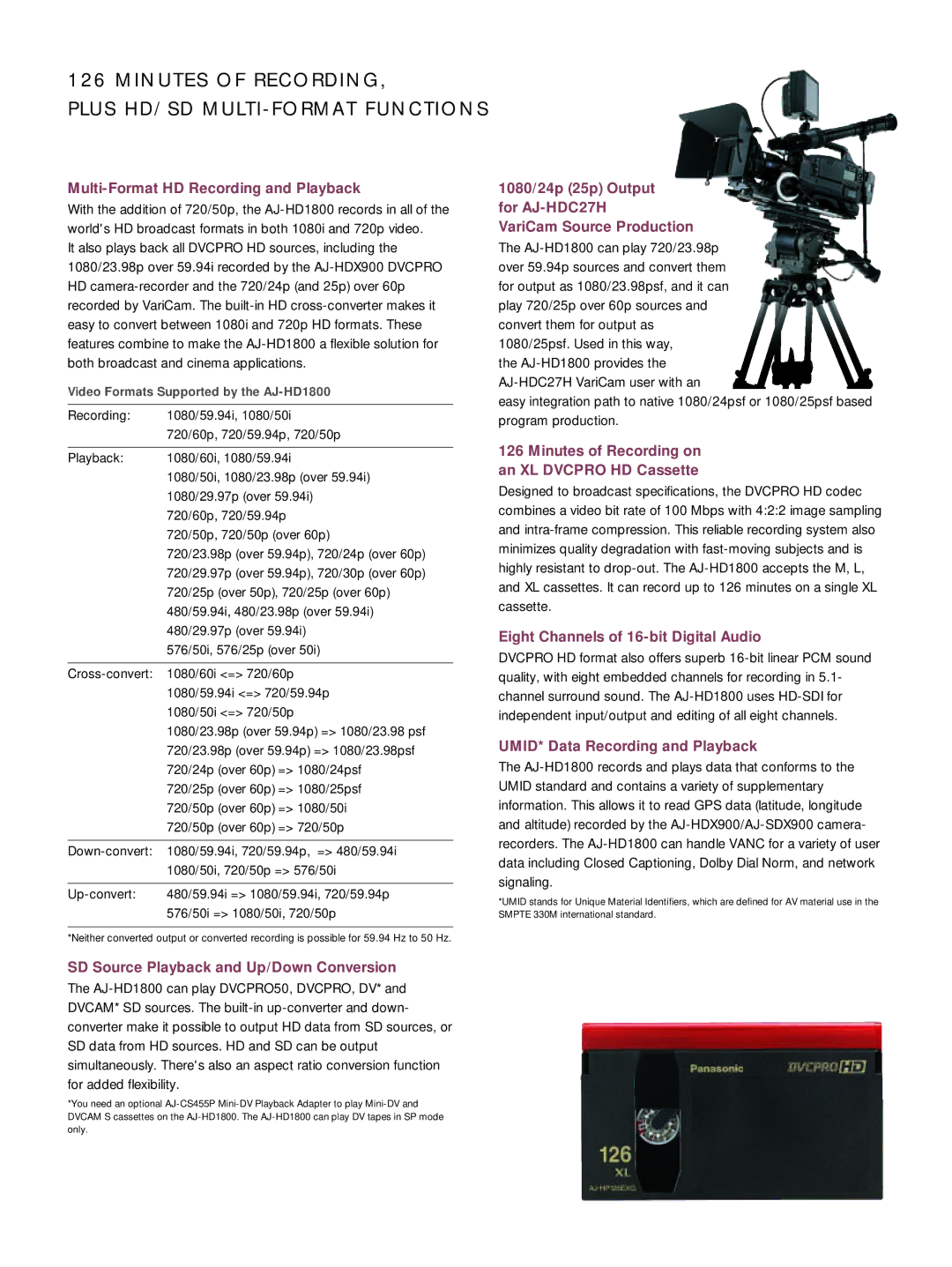 Panasonic AJ-HD1800 manual Multi-Format HD Recording and Playback, SD Source Playback and Up/Down Conversion 