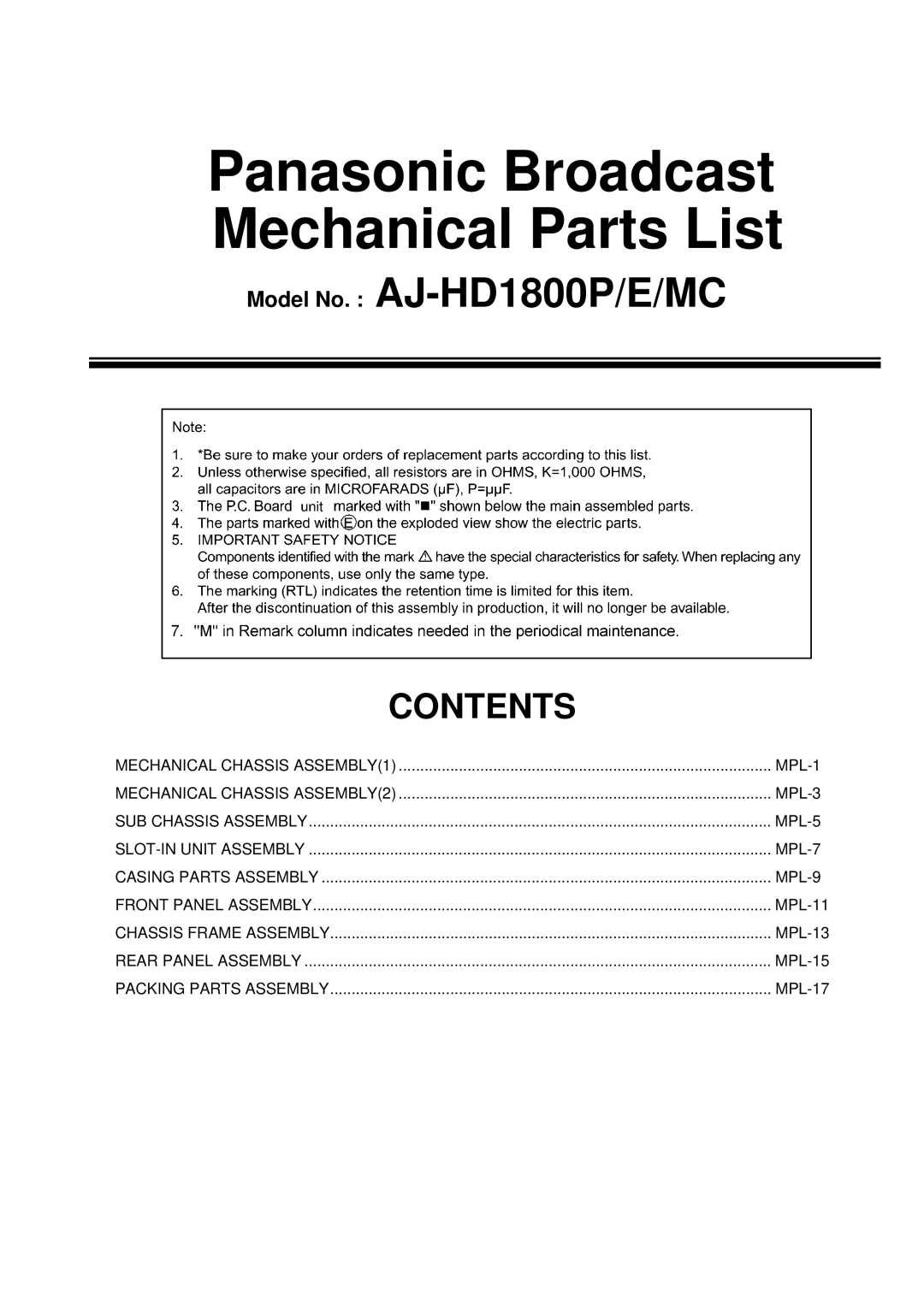 Panasonic AJ-HD1800E, AJ-HD1800MC manual Panasonic Broadcast Mechanical Parts List 