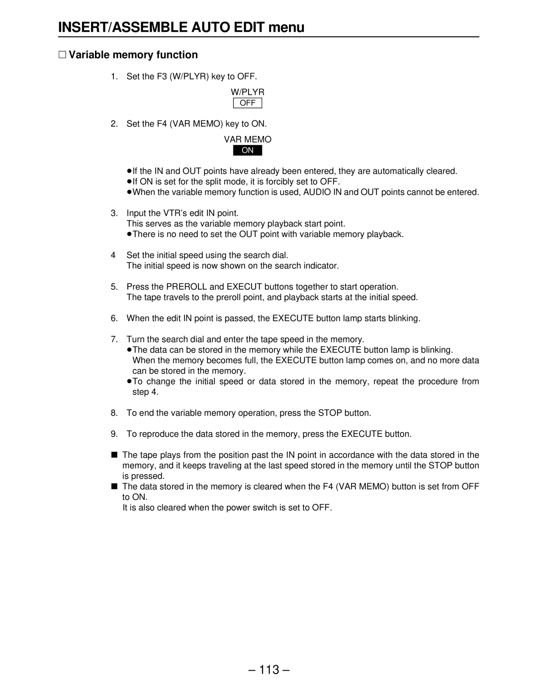 Panasonic AJ-HD3700BE, AJ-HD3000 ∑ Variable memory function, Set the F3 W/PLYR key to OFF, Set the F4 VAR Memo key to on 